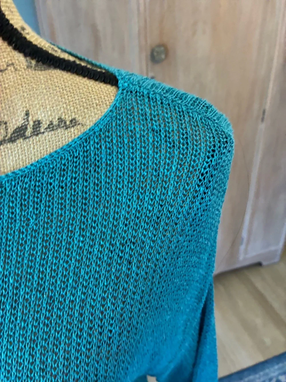J. Jill Linen Blend Tunic Sweater Aqua Blue Open Knit Beachy Artsy M